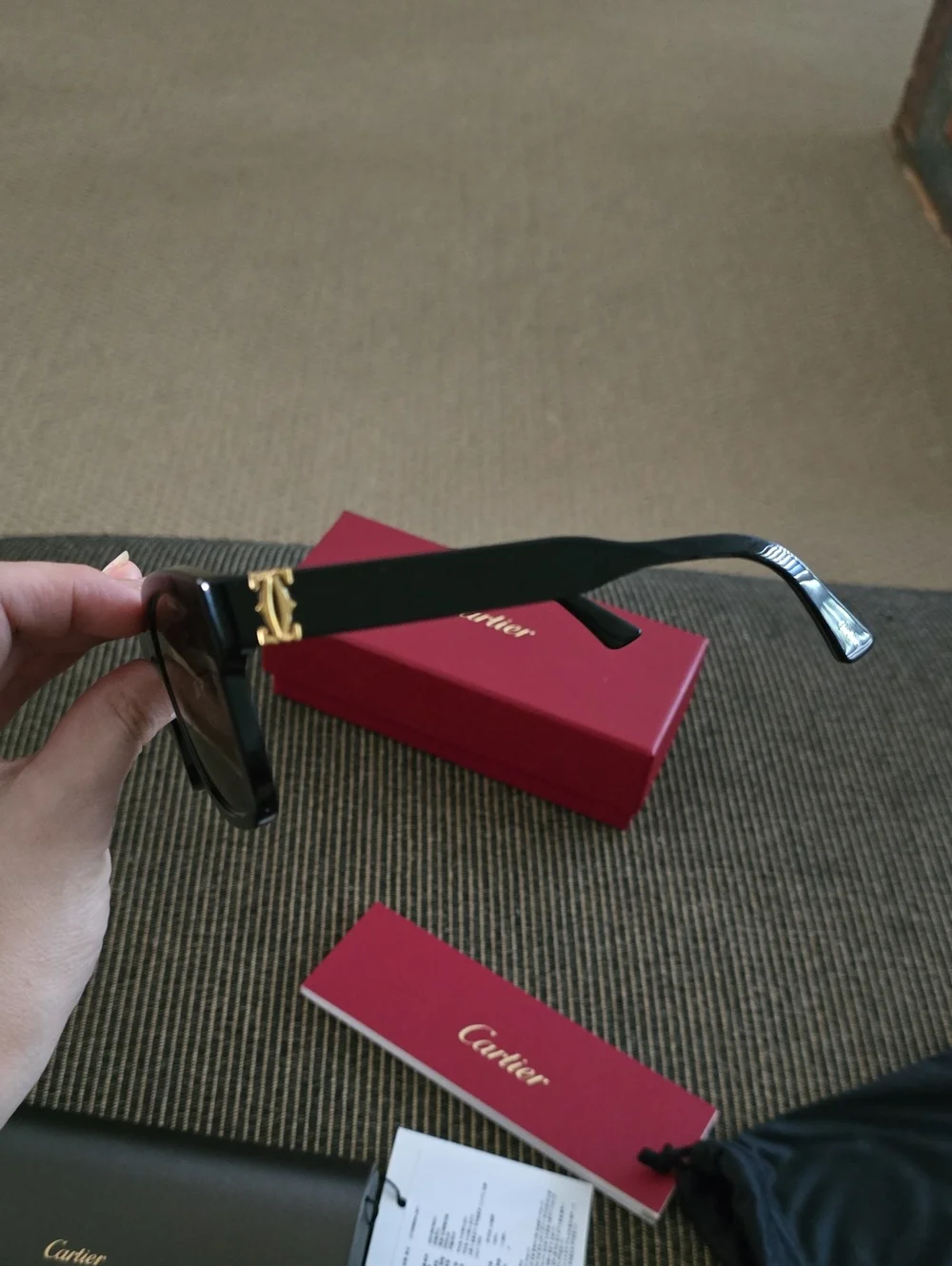 Cartier Black Frame Brown Lens Sunglasses with Red Box